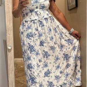 White and Blue Floral Maxi Dress